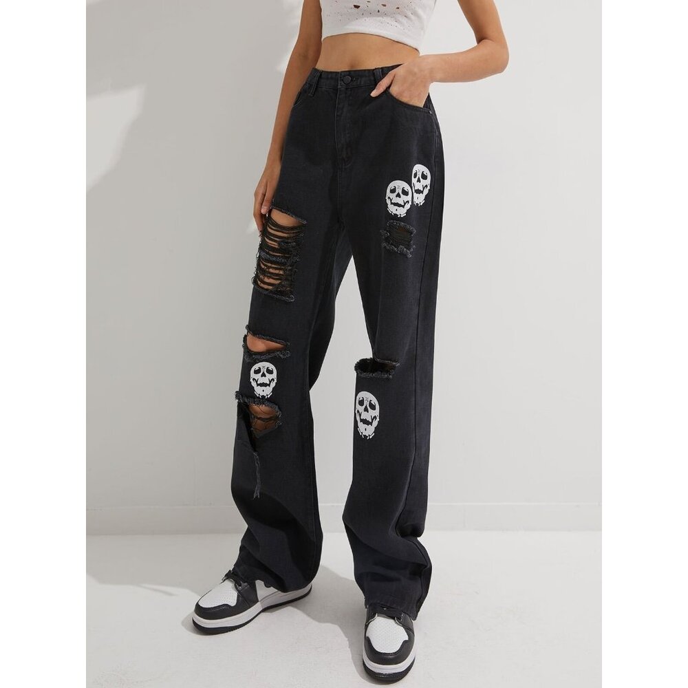 Romwe Grundge Gothicโ Black Skull Jeans Size Small,Y2K,Teens,High Rise